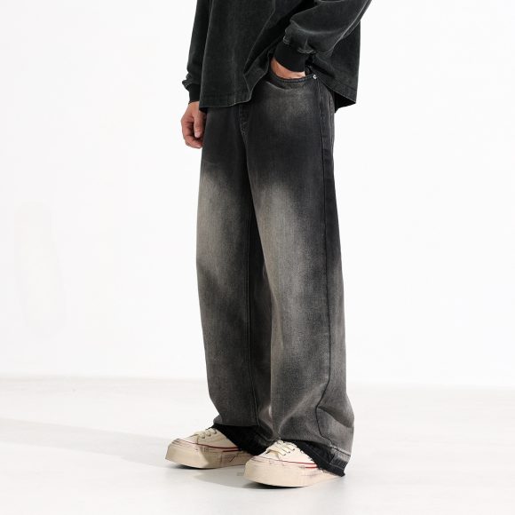 American-style Heavy Washed Black And Gray Straight Jeans Men's Loose Wide Leg Casual Trousers - Image 6