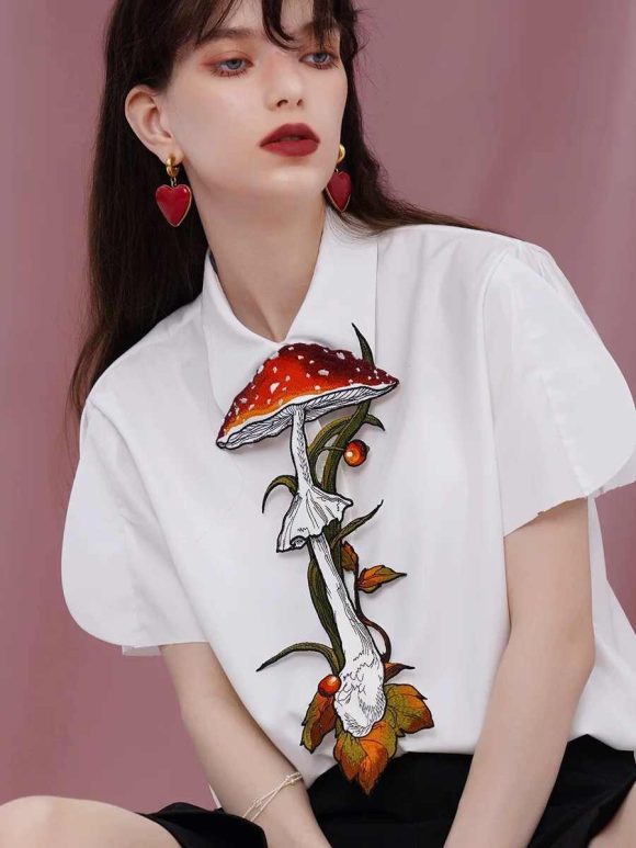 Knotless Machine Embroidery Vintage Mushroom Berry Tie For Women - Image 4