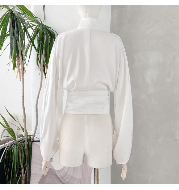 French Drape Low-cut Cinched Pleated Long Sleeve Shirt - Image 10