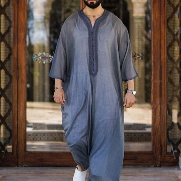 Thin Youth Linen Gray Cotton Linen Loose Casual Muslim Robe - Image 3