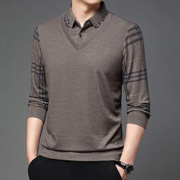 Fake Two-piece Lapel Long-sleeved Men's T-shirt - Image 4