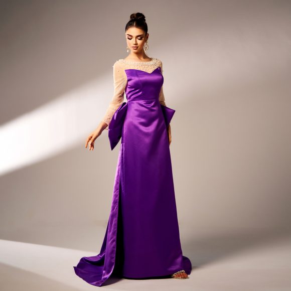 Long Sleeve Round Neck Party Beaded Big Bow Evening Dress - Image 3
