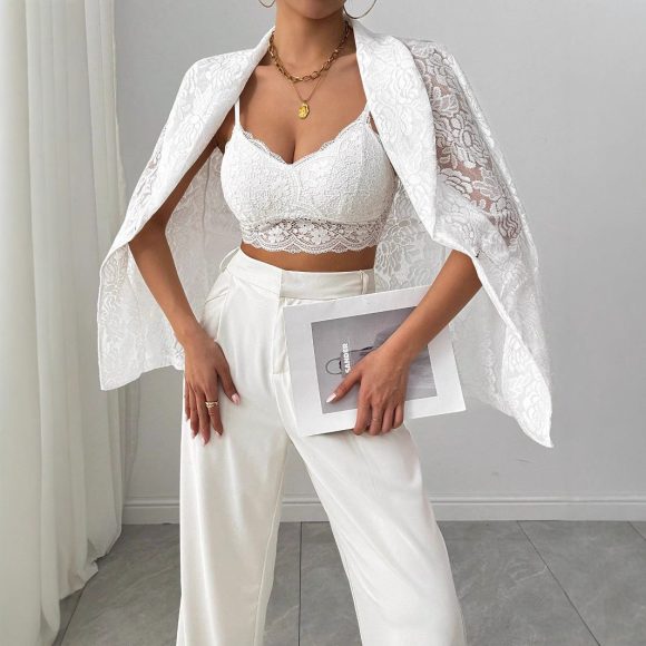 Lace Embroidery White Casual Blazer Women - Image 2