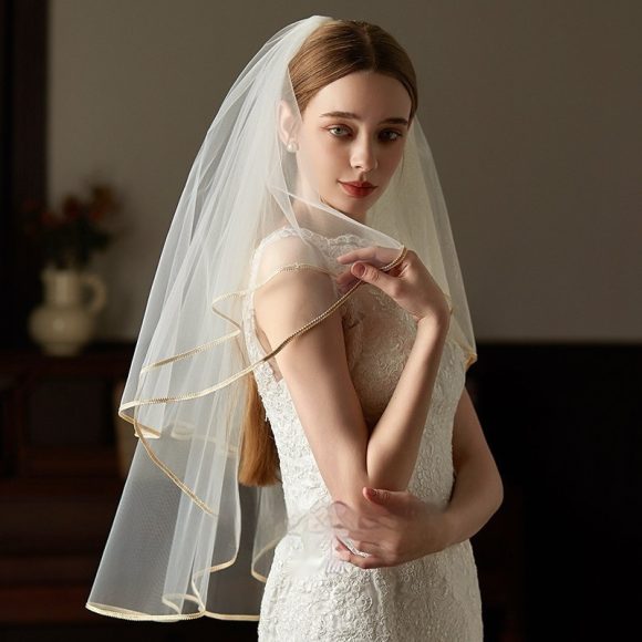Double Champagne Edge Metal Hair Comb Bride Wedding License Trip Shoot Veil - Image 4