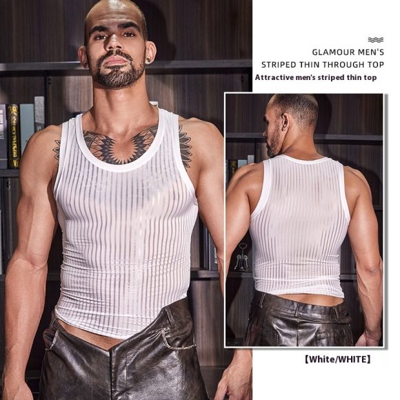 New Men's Cross-strap Vest Striped Thin Transparent High Elastic Skin-friendly Top - Image 5