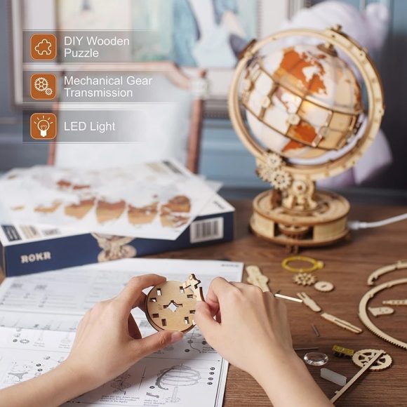 Robotime ROKR Luminous Globe 3D Wooden Puzzle Games Assemble Model Buliding Kits Toys Gift for Children Boy Support DropShipping - Image 5