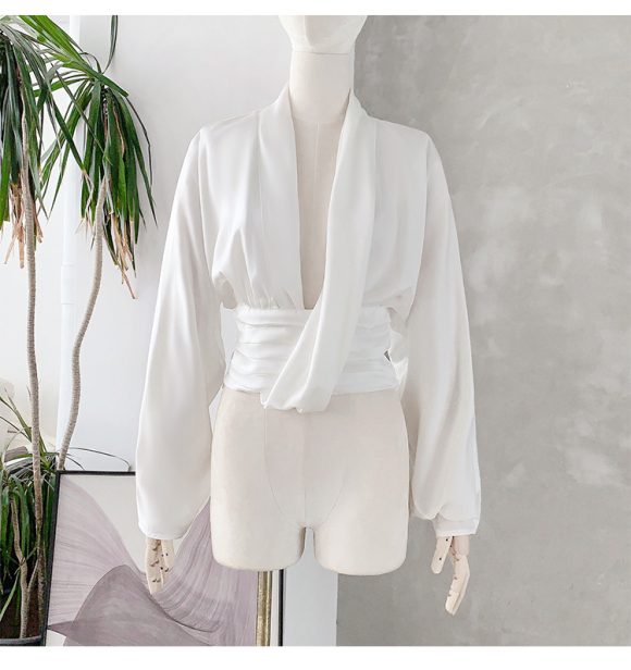 French Drape Low-cut Cinched Pleated Long Sleeve Shirt - Image 8
