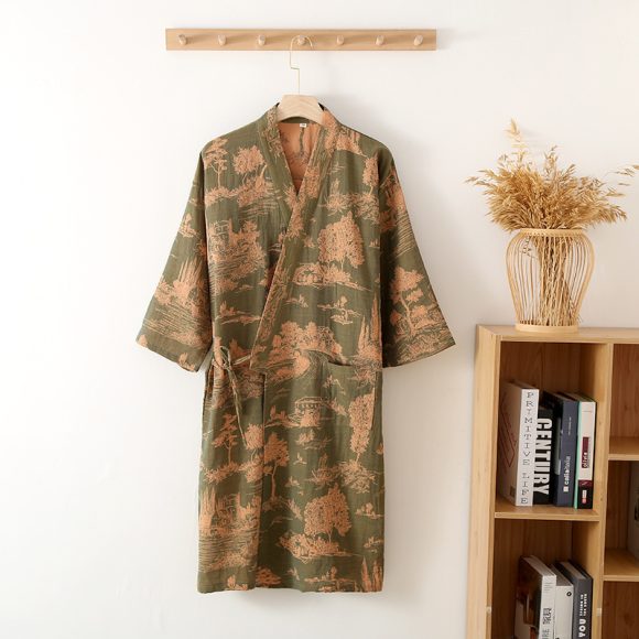 Men's Cotton Gauze Kimono Long Dress Bathrobe - Image 7