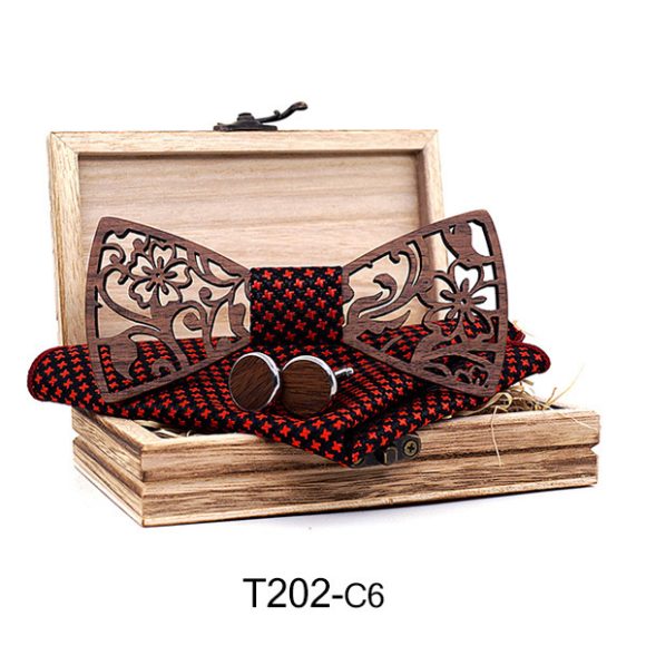 Wooden Hollow Fashion Bow Tie Cufflinks Set - Image 5
