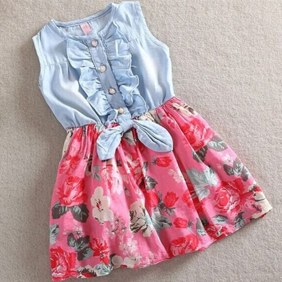 Summer Children Sleeveless Girl Denim Floral Dresses - Image 2