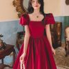 Winter Wine Red Engagement Daily French Princess On The Run Satin Dress - Image 2