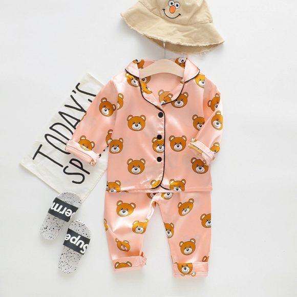 Long sleeve ice silk bear pajamas set for boys and girls - Image 6