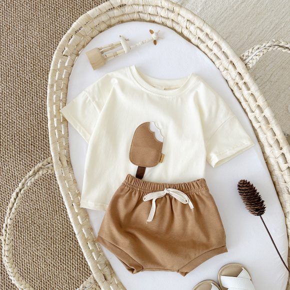 Girls' Casual Round Neck Cotton Ice Cream Patch Short Sleeve Shorts Suit - Image 7
