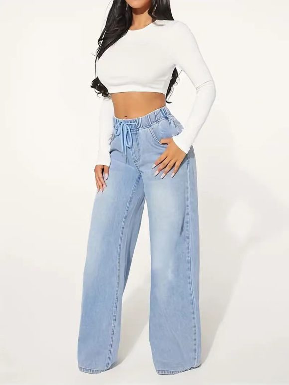 High Waist Drawstring Loose Wide Leg Light Blue Jeans - Image 5