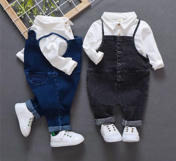 Baby autumn set 1 a 3 year old baby boom fall clothes Denim Bib two piece set of infants and young children. - Image 3