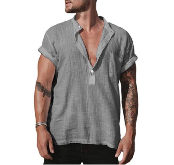 Loose Stand Neck Solid Color Pocket Short Sleeve Shirt - Image 2
