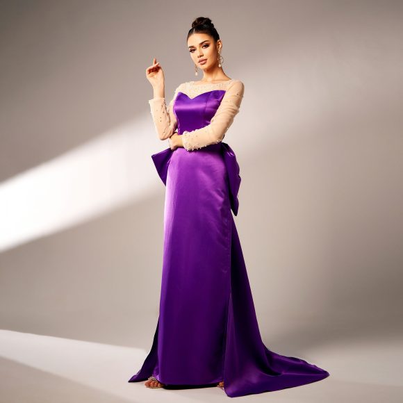 Long Sleeve Round Neck Party Beaded Big Bow Evening Dress - Image 2