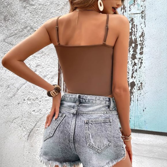 Women's Summer Tassel Camisole Tight V-neck Solid Color Top - Image 6