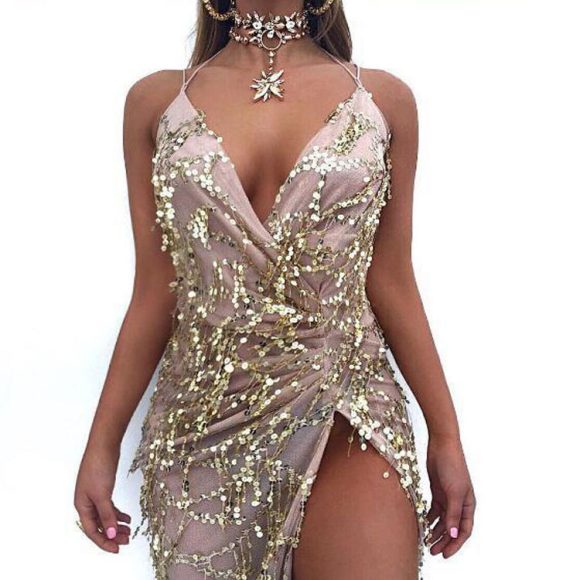 V-neck Sexy Halter Strap Sequin Dress - Image 3