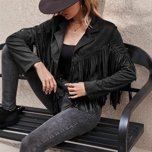 Women's Spring And Autumn Casual Fringe Regular Sleeve Lapel Regular Women's Everyday Jacket - Image 7