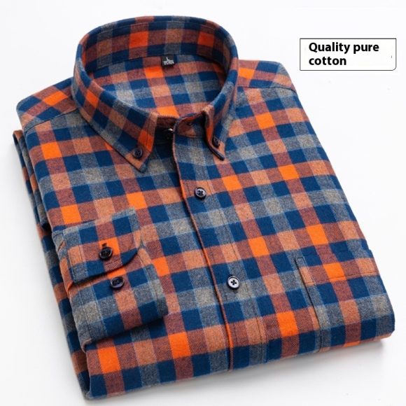 Cotton Brushed Plaid Long-sleeved Shirt Business Casual Cotton Men's Shirt Autumn And Winter - Image 5