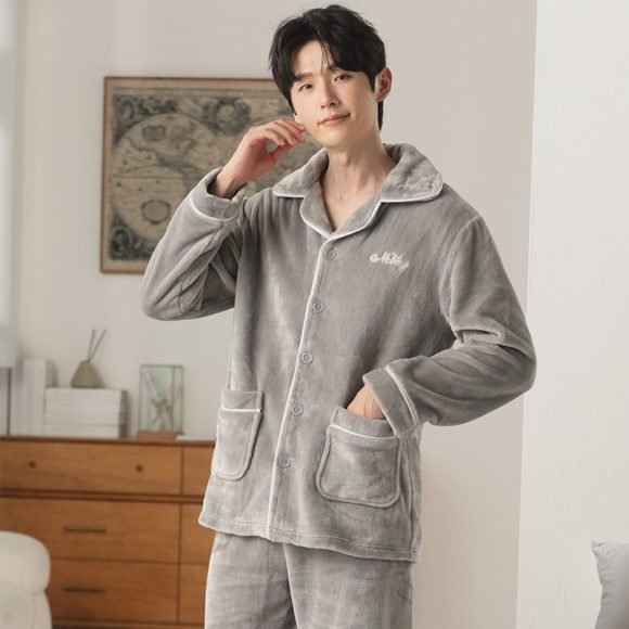 Autumn And Winter Flannel Men's Pajamas Men's Lapel Cardigan - Image 4