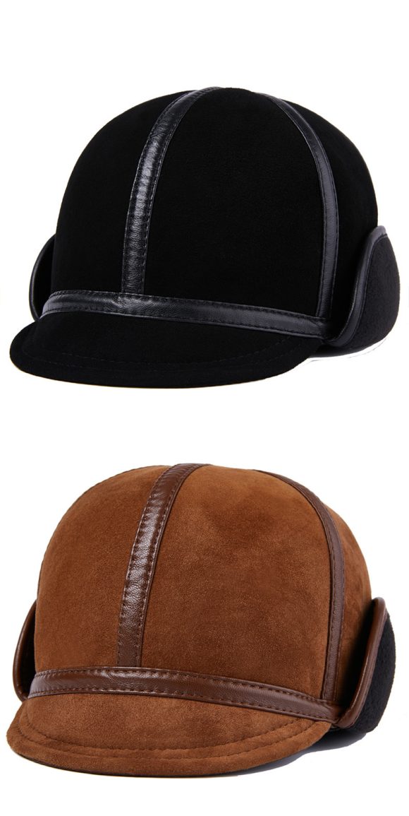 Casual Leather Men's Winter Sheepskin Velvet Thermal Outdoor Hat - Image 5