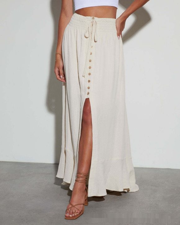 European And American Half-length Solid Color Lace-up Waist-slimming Long Dress - Image 3