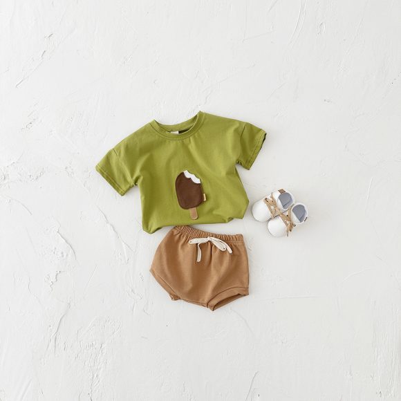 Girls' Casual Round Neck Cotton Ice Cream Patch Short Sleeve Shorts Suit - Image 5