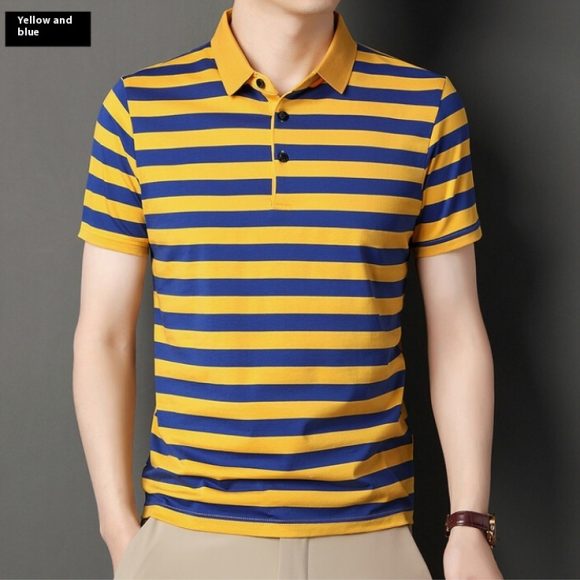 Summer Short-sleeved T-shirt Men's Cotton Ice Silk Polo Collar Stripes Youth Undershirt - Image 5