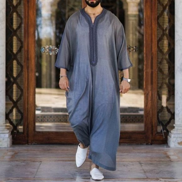 Thin Youth Linen Gray Cotton Linen Loose Casual Muslim Robe - Image 5