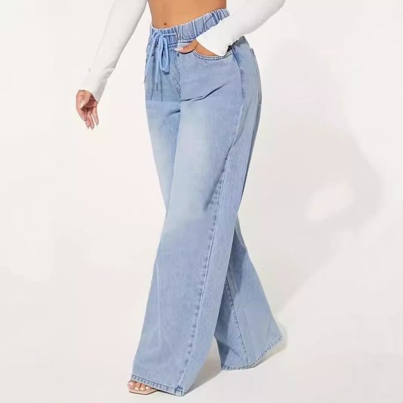 High Waist Drawstring Loose Wide Leg Light Blue Jeans - Image 2