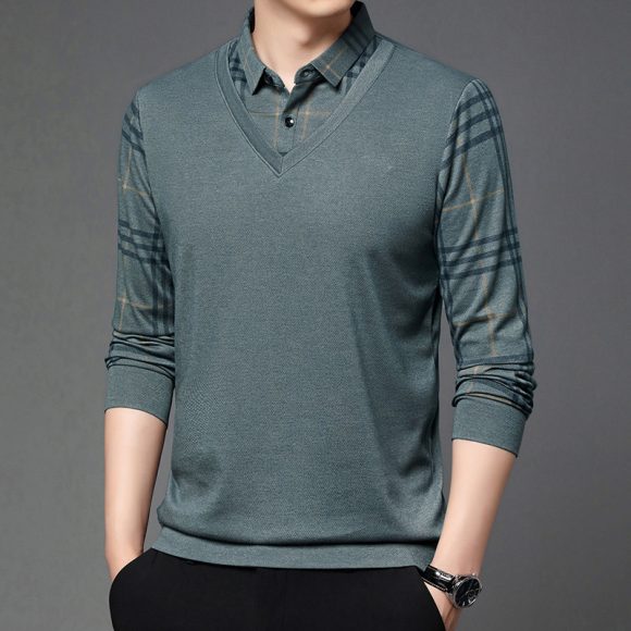 Fake Two-piece Lapel Long-sleeved Men's T-shirt - Image 9