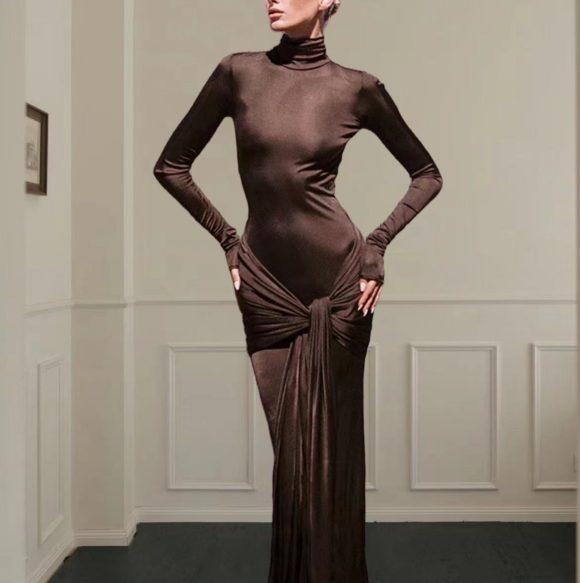 High Collar Solid Color European And American High-end Lace-up Design Dress - Image 5