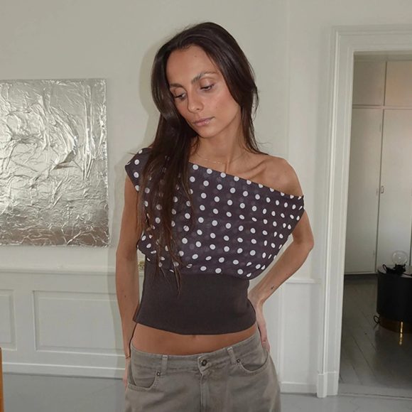Sexy Patchwork Backless Lace-up Polka Dots Chiffon T-shirt - Image 4