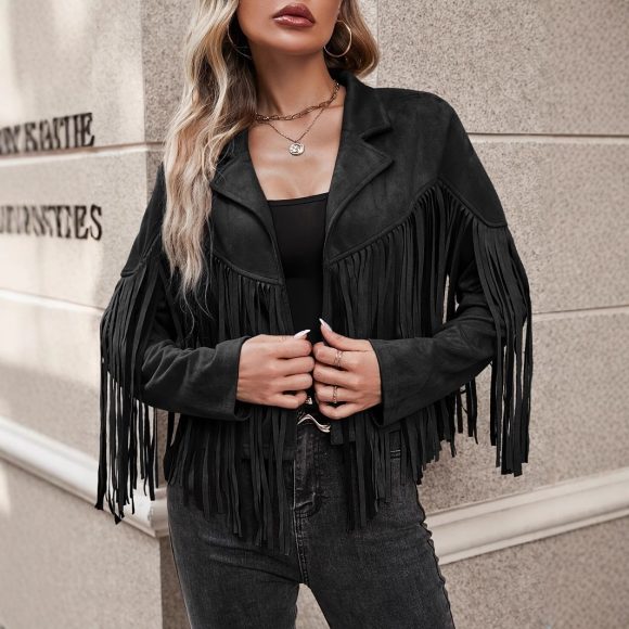 Women's Spring And Autumn Casual Fringe Regular Sleeve Lapel Regular Women's Everyday Jacket - Image 3