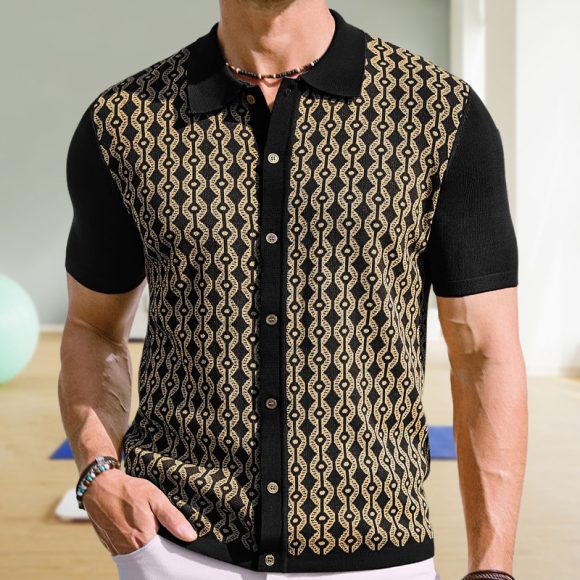 Summer Tencel Short-sleeved Sweater Lapel Jacquard Cardigan For Men - Image 2