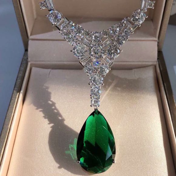 Silver Gold-plated Moissan Diamond Pendant Natural Emerald Necklace - Image 2