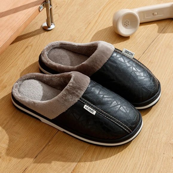 PU Leather Big Sizes Slippers Indoor Waterproof Fur Flat - Image 3