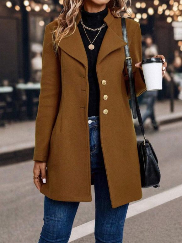 Solid Color Slim Women Woolen Coat Outerwear - Image 6