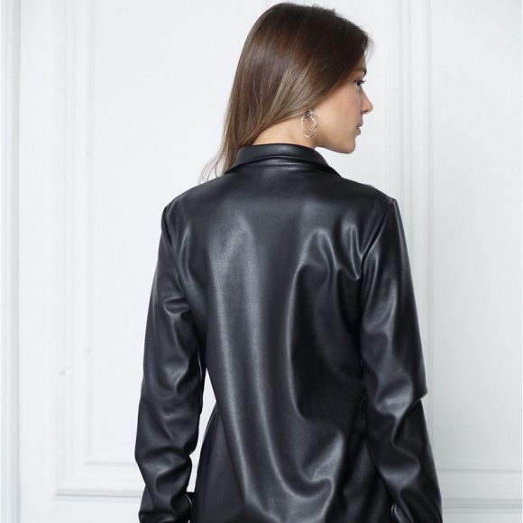 Women's Street Fashion Black PU Leather Urban Casual Shirt - Image 10