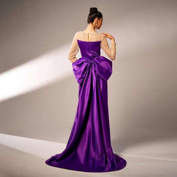 Long Sleeve Round Neck Party Beaded Big Bow Evening Dress - Image 4