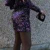 French Style Retro Crew Neck Long Sleeve Sequined Backless Dress - Image 5