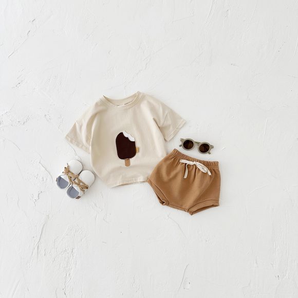 Girls' Casual Round Neck Cotton Ice Cream Patch Short Sleeve Shorts Suit - Image 8