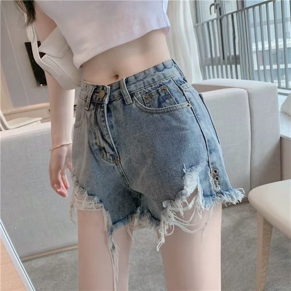 Micro Elastic High Waist Slimming Holes Frayed Vintage Denim Shorts - Image 5