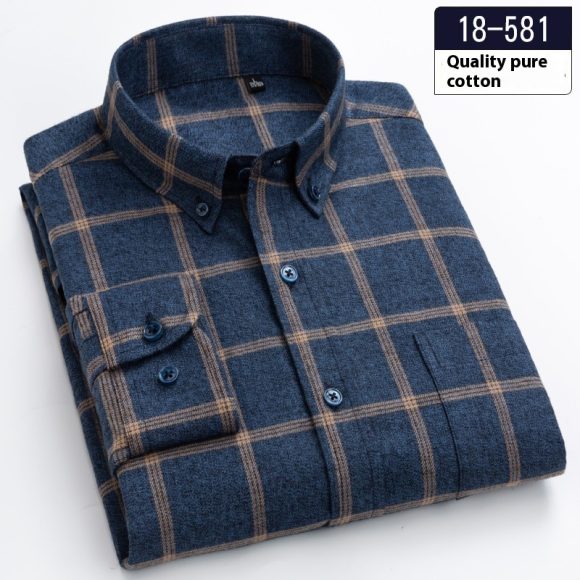 Cotton Brushed Plaid Long-sleeved Shirt Business Casual Cotton Men's Shirt Autumn And Winter - Image 7