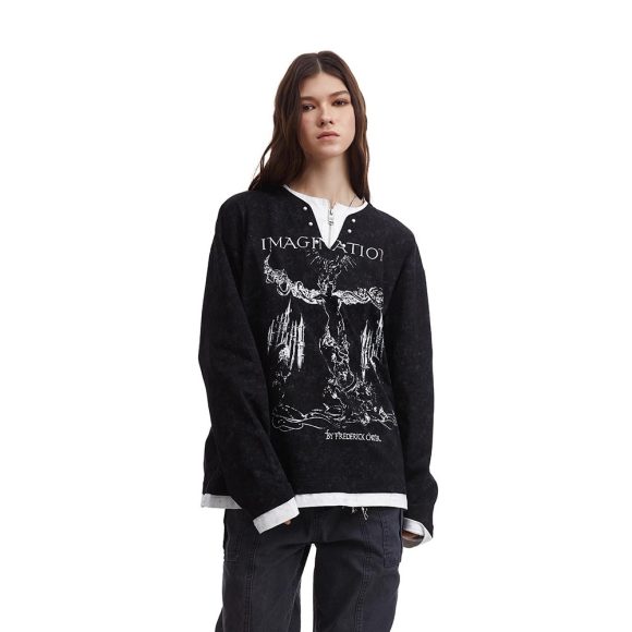 American Retro Punk Printed Pearl Buckle Fake Two-piece Long Sleeve - Image 5