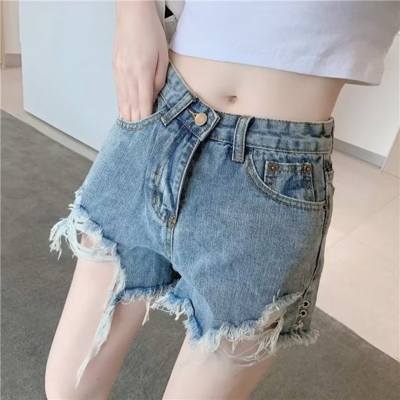 Micro Elastic High Waist Slimming Holes Frayed Vintage Denim Shorts - Image 7
