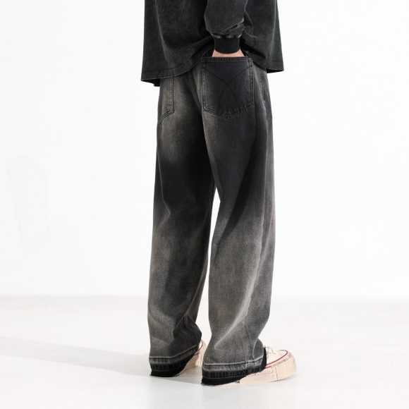 American-style Heavy Washed Black And Gray Straight Jeans Men's Loose Wide Leg Casual Trousers - Image 5
