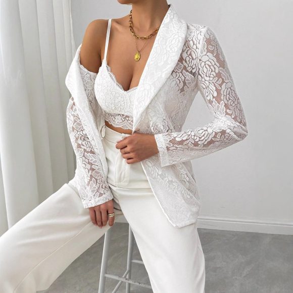 Lace Embroidery White Casual Blazer Women - Image 5